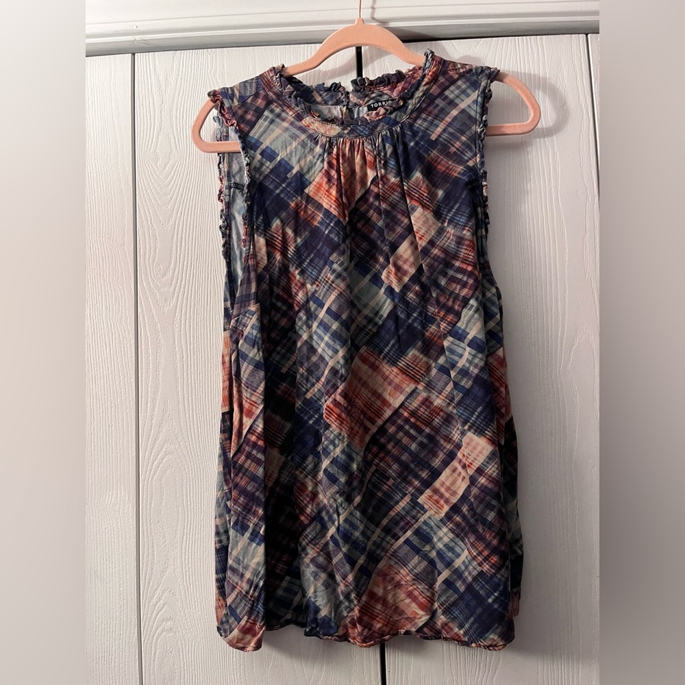 Torrid Blue and Red Plaid Ruffle Top